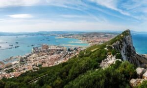 A view of the Rock of Gibraltar taking in Gibraltar town on the left and the Spanish town of La Linea to the north