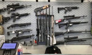 Firearms are displayed at a gun shop in Salem, Oregon.