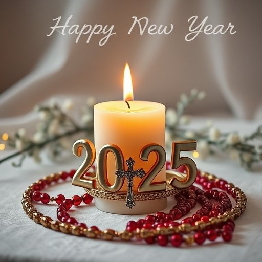 ignited candle and red beads with a cross