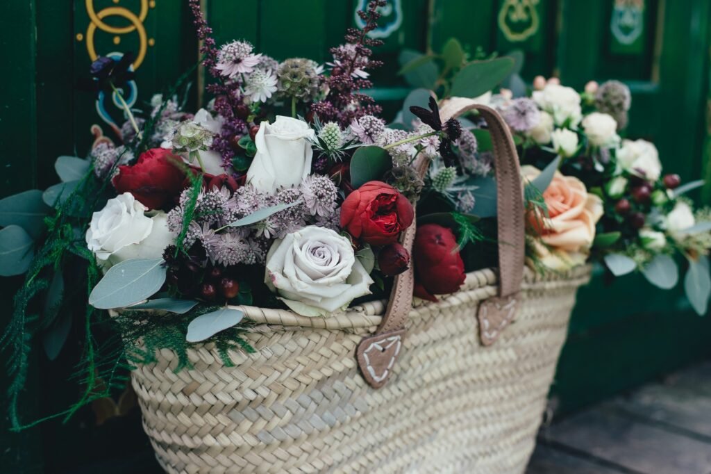 A basket filled with flowers.