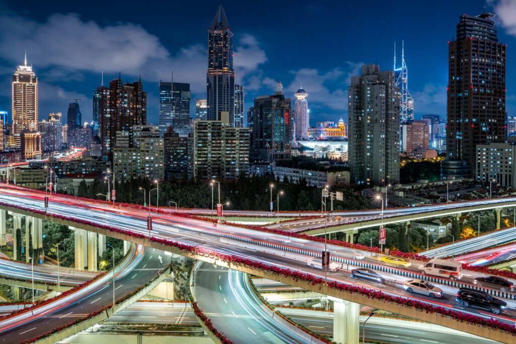 A view of an intersection of the Yan'an Elevated Road in Shanghai with skyscrapers. 